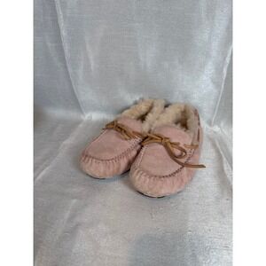 UGG Womens Pink Suede Leather‎ Moccasin Slippers Faux Fur Lined Size 5